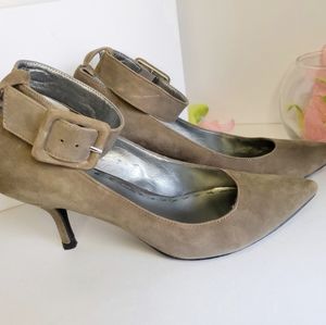 Gray ankle strap pumps